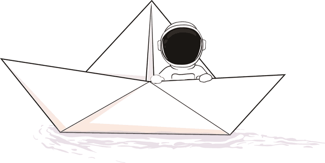 Space man sitting in paper boat