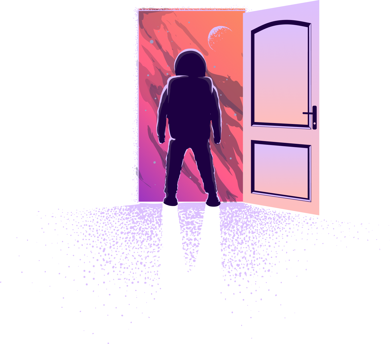 Illustration of man standing in door looking at space